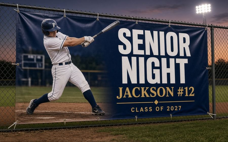 Senior night banner on a ballfield fence
